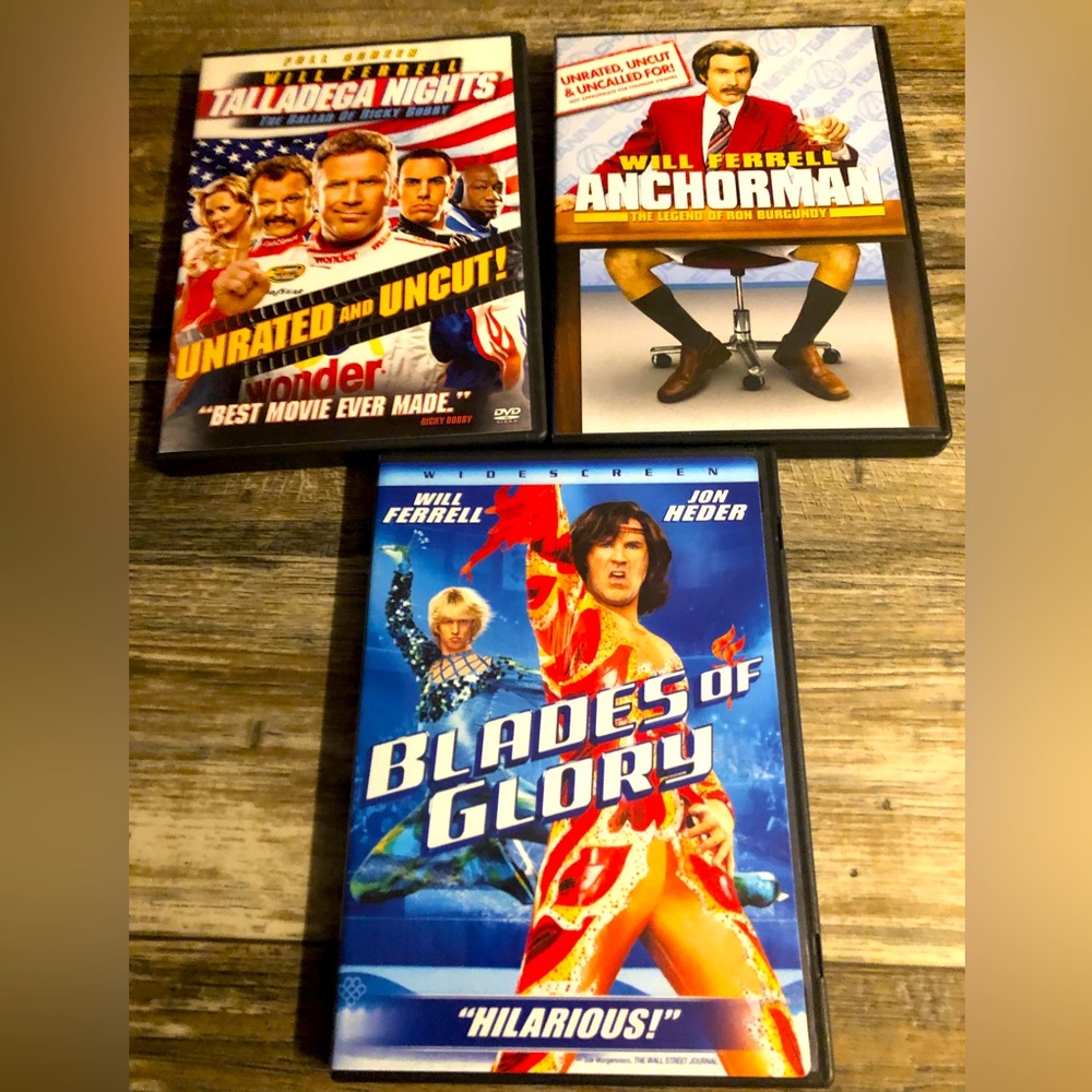 DVD TRIO: 3 WILL FERRELL MOVIE; TALLADEGA NIGHTS, ANCHORMAN,& BLADES OF GLORY!